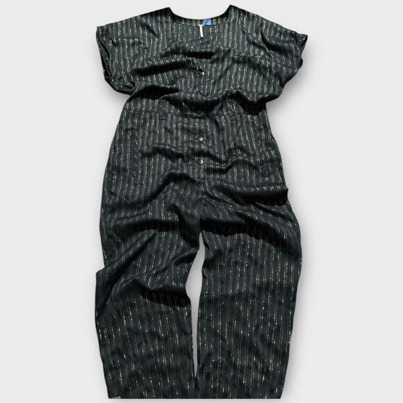 Free People Pants - Free People Lurex Black Gold Metallic Stripe Jumpsuit Womens Large - No Belt